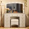 Luxurious Makeup Vanity with 10 Hollywood Bulbs, 3 Color Lighting Modes, Classic Dressing Table with Cushioned Stool and 9 Storage Drawers for Bedroom