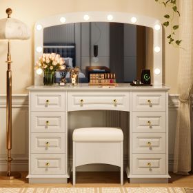 Luxurious Makeup Vanity with 10 Hollywood Bulbs, 3 Color Lighting Modes, Classic Dressing Table with Cushioned Stool and 9 Storage Drawers for Bedroom