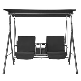 2-Seat Patio Swing Chair, Outdoor Patio Swing with Adjustable Canopy, Porch Swing with Storage Bag and Rotating Tray