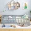 Twin Size Kids Wood Montessori Floor Bed with Door and Fence