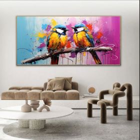 Hand Painted Oil Painting Large Canvas Two Birds On A Branch On Canvas Colorful Wall Art Pictures Animals Art  Posters Trendy Wall Art For Living Room (Style: 01, size: 80x160cm)