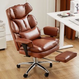 Executive Home Office Desk Chair Ergonomic High Back with Footrest & Lumbar Support, Reclining Height Adjustable PU Leather with Swivel Wheels (Color: Brown)