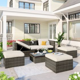 Patio Furniture Sets;  5-Piece Patio Wicker Sofa with Adustable Backrest;  Cushions;  Ottomans and Lift Top Coffee Table (Color: beige)