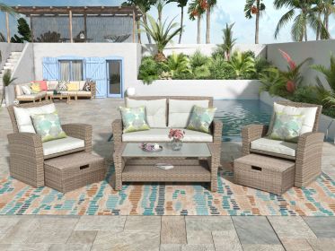 Patio Furniture Set;  4 Piece Outdoor Conversation Set All Weather Wicker Sectional Sofa with Ottoman and Cushions (Color: beige)