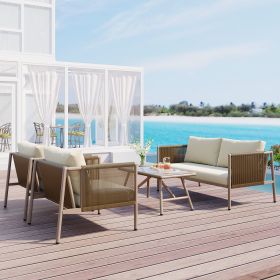 4-Piece Rope Sofa Set with Thick Cushions and Toughened Glass Table, All-Weather Patio Furniture Set For 4 Person With Loveseat (Color: beige)