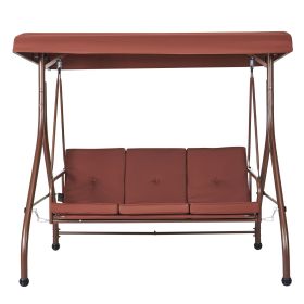 3-Seat Patio Swing Chair, Converting Canopy Swing, Outdoor Patio Porch with Adjustable Canopy, Removable Thick Cushion and Alloy Steel Frame (Color: Brown, Seat Frame Type: Single Frame)