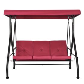 3-Seat Patio Swing Chair, Converting Canopy Swing, Outdoor Patio Porch with Adjustable Canopy, Removable Thick Cushion and Alloy Steel Frame (Color: Wine Red, Seat Frame Type: Single Frame)